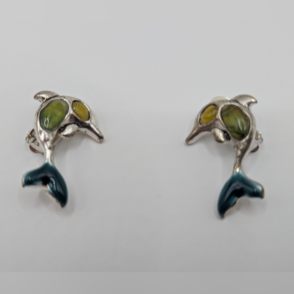 Silver Tone Yellow Green Stone Dolphin Clip On Earrings 1.25" Length